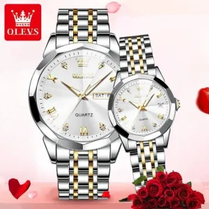 Olevs 9931 Premium Qality Couple Watches - Silver Golden White