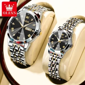 Olevs 9931 Premium Qality Couple Watches - Silver Golden Black